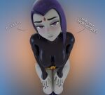  3d 3d_(artwork) big_breasts blender_(software) breasts caption closed_eyes dc_comics goth goth_girl grey_body grey_skin leotard looking_at_viewer purple_hair raven_(dc) smitty34 tagme teen_titans text 