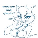 1:1 34from1800 anthro beauty_mark blue_and_white bra breasts cat cleavage clothed clothing cute dc_comics delilah_(dc) domestic_cat english_text felid feline felis female furry krypto_the_superdog lonbluewolf mammal monochrome simple_background solo text underwear