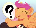  anonymous blush cub cute equine female feral friendship_is_magic happy horse hug hugging male my_little_pony open_mouth pegasus pony scootaloo smile sunibee sweetsing teeth wings young 