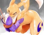 1_female 1girl 3_fingers angry anthro anthro_canine anthro_fox ass ass_up bent_over black_eyes blue_fur bound breasts canine detached_sleeves digimon female female_anthro female_anthro_fox female_only female_renamon fist fox fur gloves grey_background hanging_breasts looking_down mostly_nude nipples nude pink_skin plain_background pointy_ears purple_fur raised_arm raised_tail renamon rope shadow shiny solo standing sunibee sweat tail toei_animation vixen white_eyes white_fur white_nose yellow_fur yin_yang