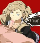  1boy 1girl :&gt;= ann_takamaki bangs black_hoodie black_skirt blonde_hair blue_eyes cafekun character_name clothed_female_nude_male cum cum_in_mouth earrings fellatio high_res jewelry long_hair long_sleeves miniskirt nude oral pantyhose penis persona persona_5 pleated_skirt red_background red_legwear skirt smegma solo_focus speech_bubble straight stud_earrings swept_bangs tagme twin_tails video_game_character video_game_franchise 