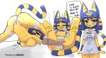  1boy 1girl 1girl animal_crossing ankha_(animal_crossing) anthro anus asekeu ass ass_up blue_eyes blush breasts disembodied_hand fingering half-closed_eyes jack-o_pose nintendo pussy shirt speech_bubble tail text thick_thighs thighs top_hat vaginal_fingering vaginal_insertion yellow_body 