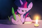  2013 artist_name blanket book candle closed_eyes dragon duo equine fangs female feral fire friendship_is_magic furry hair horn horse lying messy_hair multicolored_hair my_little_pony pony purple_eyes scalie sleeping source_request spike_(mlp) sunibee twilight_sparkle_(mlp) unicorn 