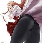  1girl 1girl ass big_ass big_breasts blonde_hair bracelet breasts cafekun coat dress female_focus female_only green_eyes half-closed_eyes high_res high_resolution human_only large_ass lipstick long_hair looking_at_viewer looking_back nintendo oleana_(pokemon) pantyhose patreon pokemon pokemon_ss red_lipstick skirt solo_female solo_focus text thick_thighs thigh_gap video_game_character video_game_franchise watermark white_background wide_hips 