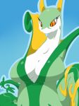  blue_background blush breasts bust cleavage female green green_body large_breasts nintendo no_humans plain_background pokemon red_eyes reptile scalie serperior snake solo sunibee sunnysoda video_games yellow_eyes 