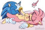  1boy 1girl 1girl amy_rose anthro bed blue_body blush blush_lines breasts clothing duo eulipotyphlan exclamation_point fangs furniture furry gloves gloves_only green_eyes hand_on_head hand_on_leg hand_on_thigh handwear handwear_only heart hedgehog legs_around_head male male/female mammal mostly_nude nipples nude one_eye_closed open_mouth oral pink_body pussylicking sega senshion sex sonic_the_hedgehog sonic_the_hedgehog_(series) vaginal_penetration 
