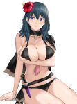  1girl big_breasts bikini black_bikini black_swimsuit blush breast_hold breasts byleth_(female) byleth_(fire_emblem) byleth_(fire_emblem)_(female) cape embarrassed fire_emblem fire_emblem:_three_houses fire_emblem_heroes flower flower_in_hair fondling holding_breast j@ck lactating lactation lactation_through_clothes lips looking_at_viewer medium_hair simple_background swimsuit teacher teal_hair weapon 