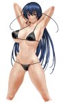  1girl alluring aqua_eyes arms_behind_head arms_up big_breasts bikini black_bikini blue_hair blush breasts cleavage closed_mouth commentary covered_erect_nipples cropped_legs eyebrows_visible_through_hair feet_out_of_frame hair_between_eyes high_res hohahiida igawa_asagi kunoichi legs_apart long_hair looking_at_viewer navel puffy_nipples simple_background smile standing stomach string_bikini swimsuit taimanin_(series) taimanin_asagi thighs v-shaped_eyebrows white_background 