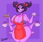 1girl 6_arms anthro apron apron_only arachnid areola arthropod big_breasts black_hair bow breasts cake clothing el_detnox food hair humanoid kettle mostly_nude muffet multi_arm multi_eye multi_limb naked_apron nipples purple_skin saucer spider teacup thick_thighs twintails undertale video_games wide_hips 