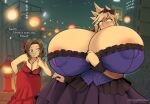 2_girls aerith_gainsborough bedroom_eyes blonde_hair breast_expansion brown_hair butt_expansion city cityscape cloud_strife final_fantasy final_fantasy_vii genderswap gigantic_ass gigantic_breasts green_eyes horny horny_face hourglass_figure milf royaloppai sexy sexy_ass sexy_body sexy_breasts surprised take_your_pick thunder_head yuri