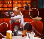 alcohol anthro bar bartender beer being_watched beverage big_ears blush boots bottle bottomwear bra breast_squish breasts breasts_frottage brown_hair bucket chair closed_eyes clothed clothing container cup digital_media_(artwork) duo_focus dusty_(mink_luv) eyelashes female female/female footwear french_kissing fur furniture glass glistening grey_body grey_fur group hair half-closed_eyes high_heels inside kangaroo kissing liquor long_hair looking_at_another macropod male mammal markings marsupial midriff miniskirt mouse mousie_(malkanis) murid murine narrowed_eyes neck_tie night nightargen off_shoulder open_mouth orange_body orange_fur original partially_clothed pink_nose pumps raised_arm red_eyes rodent shadow shirt shoes short_hair shorts side_boob skimpy skirt sofa squish table tan_hair tongue tongue_out topwear underwear vest white_body white_fur window wine