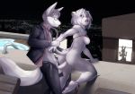  anthro bunny canine caught feline from_behind furry glasses grey_fur outside rabbit roof_top rooftop sex white_fur wolf 