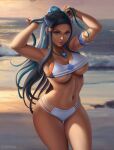1girl abs alluring alternate_breast_size alternate_version_available alternative_body_build armpits artist_logo athletic_female beach_background big_breasts blue_and_black_hair blue_eyes breasts cleavage collar dark-skinned_female dark_skin deviantart earrings female_abs female_only fit fit_female flowerxl hair_bun hands_on_hair human human_only jewelry long_hair looking_at_viewer navel necklace nessa_(pokemon) nintendo outside pink_lipstick pokemon pokemon_ss pokemon_trainer shirt shorts standing sunset tank_top text thick_thighs thigh_gap thighs under_boob url watermark white_panties wide_hips