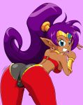  ass big_breasts blue_eyes breasts dat_ass looking_back pepipopo ponytail purple_hair shantae shantae_(character) smile solo 