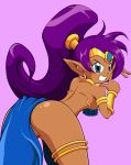 ass big_breasts blue_eyes breasts dat_ass looking_back pepipopo ponytail purple_hair shantae shantae_(character) smile solo 