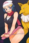  1boy 1girl 1girl anthro black_background blue_eyes blue_hair blush breasts dawn dawn groping hat humanoid hypno looking_back nintendo no_mouth panties pants_down pokemon pokemon_dppt pokemon_rgby standing thick_thighs yellow_body zznakuu 
