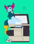 1girl ass blue_skin boots bottomless dat_ass female_only frostbiteboi funny grin humor malice_(nefarious) nefarious pants_down photocopier photocopying_butt printer