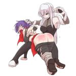 2girls albino armpits ass crying female freia_kagami grey_eyes grin hair_grab hand_on_another&#039;s_head hand_on_head head_grab kobayakawa_shiho long_hair multiple_girls open_mouth pants_pulled_down purple_hair red_butt red_eyes short_hair smile spanked spanking white_background white_hair wrestle_angels wrestle_angels_survivor