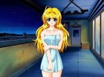  1girl arm arm_grab arms bare_shoulders blonde_hair blue_eyes cityscape female game_cg long_hair looking_at_viewer naked_towel night nude nude_cover open_mouth shy silk_(tottemo_pheromone) sky solo standing starry_sky tottemo_pheromone towel 