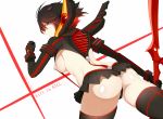  1girl artist_name ass big_breasts black_hair blue_eyes breasts copyright_name from_behind hairpods hews_hack horns kill_la_kill large_breasts living_clothes looking_back matoi_ryuuko multicolored_hair red_hair revealing_clothes school_uniform scissor_blade senketsu shiny shiny_skin short_hair stockings suspenders sword thighhighs thong two-tone_hair weapon white_background 