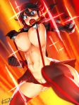  1girl abs angry areola areolae artist_name big_breasts black_hair black_legwear blue_eyes blush breasts clitoris_slip elbow_gloves gloves kill_la_kill large_breasts living_clothes looking_at_viewer matoi_ryuuko multicolored_hair navel obui open_mouth pussy_peek red_hair revealing_clothes senketsu short_hair signature skirt suspenders tongue uncensored uvula 