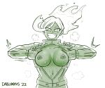  1girl 1girl big_breasts breasts clothing dabloons exposed_breasts fiery_hair grin high_resolution jacket kamiji_moe long_hair looking_at_viewer monochrome my_hero_academia nipples open_clothes simple_background smile sweat undressing upper_body 