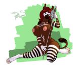  2013 anthro areola big_breasts breasts cute equine erect_nipples female freckles_(artist) furry green_eyes hair hooves huge_breasts long_hair looking_at_viewer nipples nude okapi red_hair smile solo sword tattoo weapon 