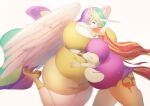  2_girls anthro bakki closed_eyes gigantic_ass gigantic_breasts horn hourglass_figure hugging multicolored_hair my_little_pony princess_celestia sunset_shimmer tattoo winged_unicorn wings 