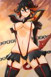  1girl arms_behind_back blue_eyes blush boots breasts chain chains embarrassed high_res highres kill_la_kill matoi_ryuuko multicolored_hair navel nuezou revealing_clothes scissor_blade senketsu solo suspenders sword thigh_boots thighhighs tight two-tone_hair underboob weapon 