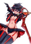  1girl aderfabill areola_slip areolae bad_proportions blush breasts cleavage embarrassed grin kill_la_kill looking_at_viewer matoi_ryuuko multicolored_hair navel nipple_slip nipples revealing_clothes scissor_blade senketsu shiny shiny_skin simple_background smile solo suspenders sword thighhighs two-tone_hair weapon white_background 