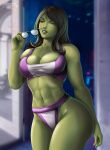  1girl abs alluring alternate_version_available big_breasts breasts cleavage female_abs female_only flowerxl green_skin hulk_(series) jennifer_walters marvel muscle muscular muscular_female she-hulk 