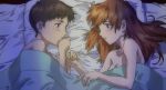  1boy 1girl after_sex arm arms asuka_langley_souryuu bare_shoulders bed bed_sheet black_eyes black_hair blue_eyes blush breasts cleavage couple eye_contact from_above hand_holding long_hair love lying neon_genesis_evangelion nude nude_cover on_side orange_hair pillow shinji_ikari short_hair smile under_covers 