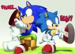  age_difference anthro blue_hair cute duo green_eyes hair hedgehog male plain_background sega shoes shoppaaaa sitting size_difference socks sonic_(series) sonic_the_hedgehog square_crossover white_background 