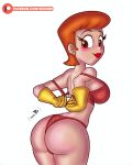  1girl ass bare_shoulders big_ass blush bottomwear bra breasts brown_eyes cartoon_network dexter&#039;s_laboratory dexter&#039;s_mom doc.b earrings female female_focus female_only gloves handwear mama mature mature_female mature_woman milf orange_hair panties partially_clothed red_bra red_hair red_panties red_underwear redhead shirt short_hair topwear underwear white_background wide_hips yellow_gloves yellow_handwear 