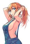  1girl arms_up blue_eyes breasts charlotte_e_yeager dungarees female kadokawa_shoten long_hair looking_at_viewer michairu mouth_hold naked_overalls nipples_visible_through_clothing no_bra orange_hair overalls ponytail sideboob solo strike_witches 