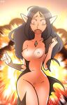  1girl blush breasts disney disney_channel explosion female_focus female_only gem lilith_clawthorne navel nearly_nude nipples pointy_ears pubic_hair running solo_female sweat sweating the_owl_house torn_clothes torn_clothing 