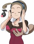 1girl ahoge alexa_(pokemon) big_breasts breast_grab breasts breasts_grab brown_hair chatot cleavage closed_eyes clueless creatures_(company) dark_green_eyes deep_skin deviantart disembodied_limb female from_behind game_freak grabbing grabbing_from_behind groping hair headphones headset hips humans_of_pokemon large_breasts listening_to_music music nintendo pansy_(pokemon) png pokemon pokemon_(anime) pokemon_(game) pokemon_xy porkyman refuto shiny smile solo_focus zerosilver100