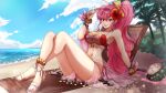  1girl 1girl 1girl absurd_res alluring alternate_costume ankle_ribbon anklet arm_support beach beach_chair bendy_straw big_breasts big_hair bikini blurry blurry_background blush bow bracelet breasts cloud coconut crossed_legs drinking_straw english_commentary eyebrows_visible_through_hair eyewear_on_head fire_emblem fire_emblem:_new_mystery_of_the_emblem flower hair_flower hair_ornament hairbow high_res jewelry kamilisme long_hair looking_at_viewer nail_polish navel nintendo ocean palm_tree phina_(fire_emblem) pink_bow pink_eyes pink_hair ponytail red_bikini red_flower ribbon sand sandals sarong second-party_source see-through shadow sidelocks sitting smile sunglasses sunglasses_on_head swimsuit thighs tree two-tone_bikini very_long_hair white_bikini wrist_bow yellow_bow 