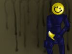  1girl balls blue_body bodily_fluids creepy cutiecub dripping genital_fluids genitals grabbing_genitals head_tilt high_res humanoid jaoba_(regretevator) looking_at_viewer male masturbation penis penis_grab precum precum_drip regretevator roblox shadow simple_background smile smiley_face solo_focus tall wet wet_hands yellow_head yellow_penis 