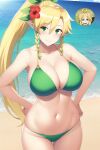 1girl alluring beach big_breasts blonde_hair cleavage green_eyes leafa legs nightcore_(artist) ocean posing rick_dot sea sword_art_online 