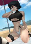  1girl 2022 abdominal_tattoo athletic_female beach beach_towel beach_umbrella black_hair breasts clothed_female female_focus female_only flytrapxx glasses high_res hips huge_breasts human hunter_x_hunter looking_at_viewer mature mature_female outside purple_eyes shizuku_murasaki short_hair slim_waist solo_female spider_tattoo sweat sweaty_body swimsuit tagme tattoo thick_thighs thighs wide_hips 