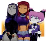  3_girls 3girls big_breasts blush breast_envy breasts cape cleavage clothed dc dc_comics female female_only forehead_jewel jinx raven_(dc) ravenravenraven starfire teen_titans thick_thighs wide_hips 