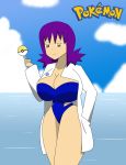 big_breasts breasts brown_eyes hair igphhangout one-piece_swimsuit poke_ball pokemon professor_ivy purple_hair solo swimsuit