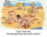 2boys 2girls beach comic_sans english_text funny_porn hentai lifeguard male male/female oral pussylicking sex text