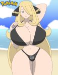  beach big_breasts bikini blonde_hair breast_expansion breasts cynthia cynthia_(pokemon) grey_eyes igphhangout pokemon shirona_(pokemon) solo swimsuit 