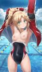 1girl armpits arms_up blonde_hair blush breasts clothing cloud fate/grand_order fate_(series) green_eyes hair_bobbles hair_ornament high_resolution inner_boob inner_thighs jacket looking_at_viewer mordred_(fate) nipples one-piece_swimsuit pool red_jacket standing swimsuit tonee track_jacket