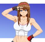 1girl alluring athletic_female blue_eyes bra_visible_through_clothes brown_hair dead_or_alive female_abs female_only fit_female grin hitomi hitomi_(doa) makani_kohitujito solo_female tank_top tecmo v