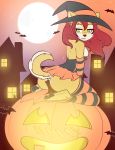 anthro ass bat breasts building canine cat clothed clothing ear_piercing feline female furry green_eyes hair halloween hat headgear high_res holidays legwear looking_back mammal moon open_mouth original original_character outside paws piercing pumpkin raised_tail red_hair solo stockings striped_stockings tail witch_hat zyira zyira_(artist)