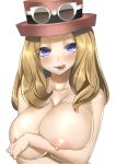 1girl areolae arm_crossed arms_crossed big_breasts blonde_hair blue_eyes blush breast_hold breasts brown_eyes cleavage creatures_(company) crossed_arm crossed_arms female game_freak goggles hat huge_breasts humans_of_pokemon large_breasts licking_lips light-skinned_female lip_licking long_hair looking_at_viewer mu-nyako naughty_face nintendo nipples nude pokemon pokemon_(anime) pokemon_(game) pokemon_xy porkyman serena_(pokemon) simple_background solo tongue tongue_out topless upper_body white_background