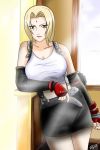  1_girl 1girl alluring blonde_hair breasts brown_eyes clothed clothed_female clothes clothing cosplay elbow_gloves facial_mark female female_only final_fantasy final_fantasy_vii forehead_mark gloves huge_breasts jadeedge jon_kneeland large_breasts leaning milf miniskirt nail_polish naruto naruto_shippuden non-nude pencil_skirt shirt short_hair skirt solo standing sunlight suspender_skirt suspenders taut_clothes taut_shirt tifa_lockhart tifa_lockhart_(cosplay) tsunade uncensored window 